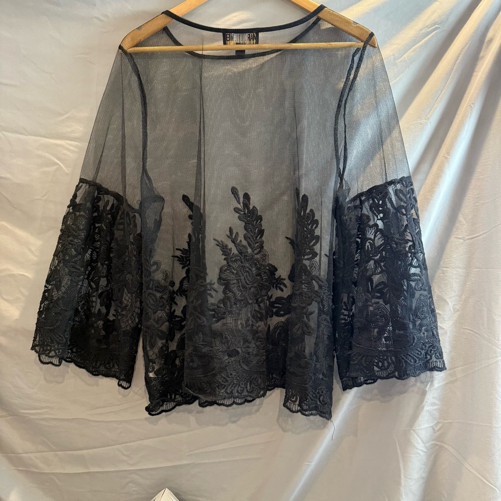 Marc Bouwer Black Sheer and Floral Lace Blouse Women’s XL - Picture 9 of 11